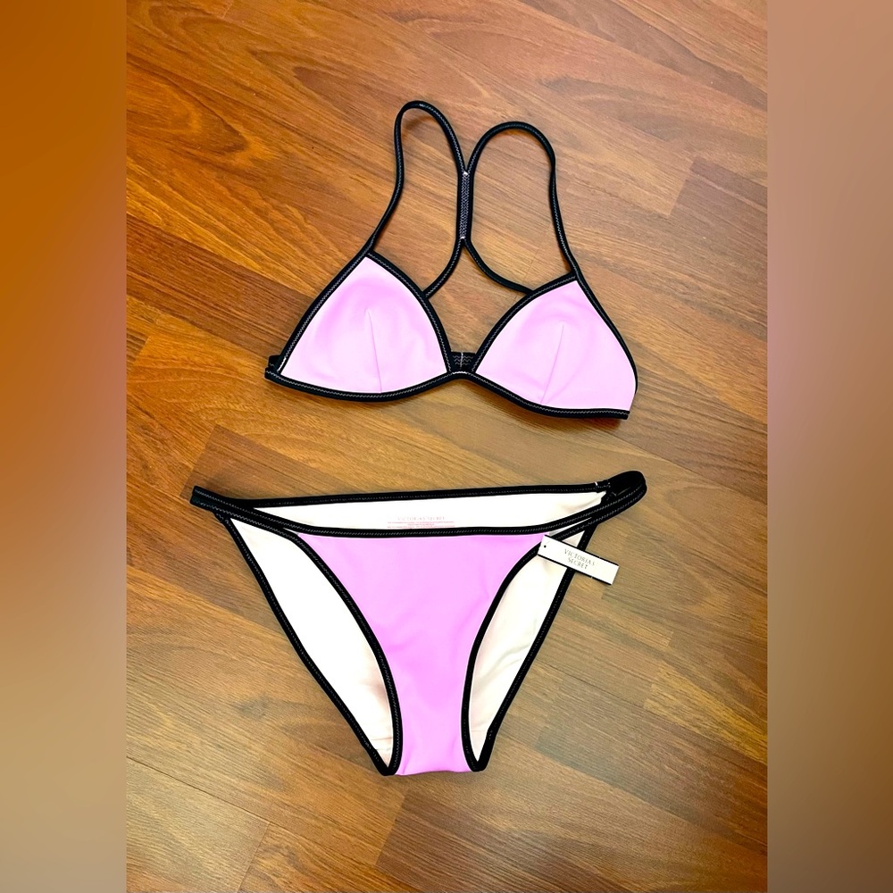 NWT VICTORIA'S SECRET Bikini Teeny Triangle Baby Pink Black Neoprene
